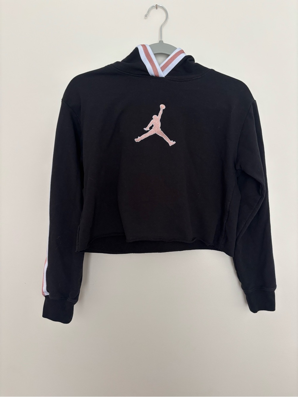 Air Jordan Black Cropped Hoodie with Gold Embroidered Jumpman and Striped Trim